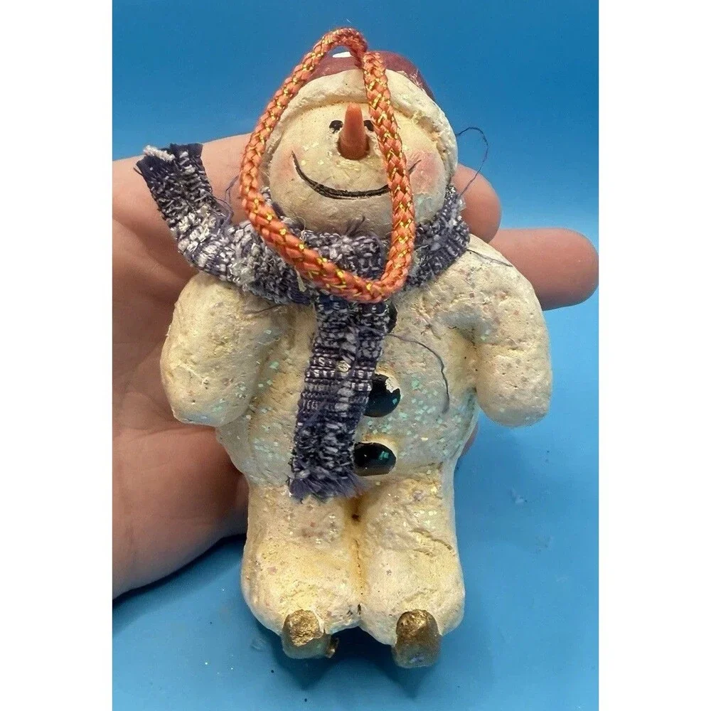 Ceramic Snowman Christmas Ornament Folk Art Glitter Red Hat Scarf Rustic